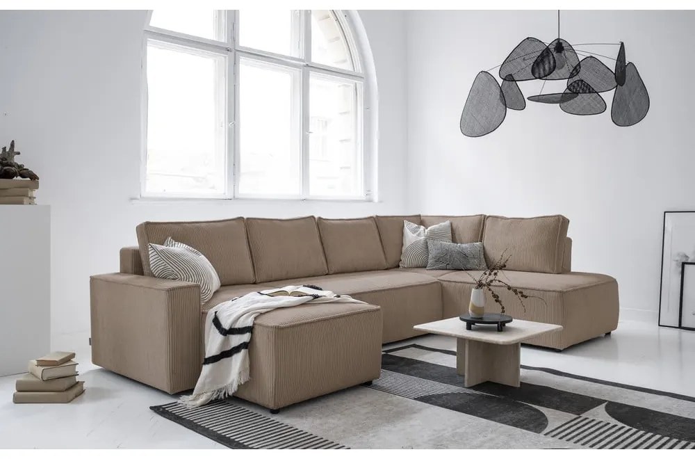 Colțar bej extensibil cu tapițerie din catifea reiată (cu colț pe partea dreaptă/în formă de "U") Brave Dave – Miuform