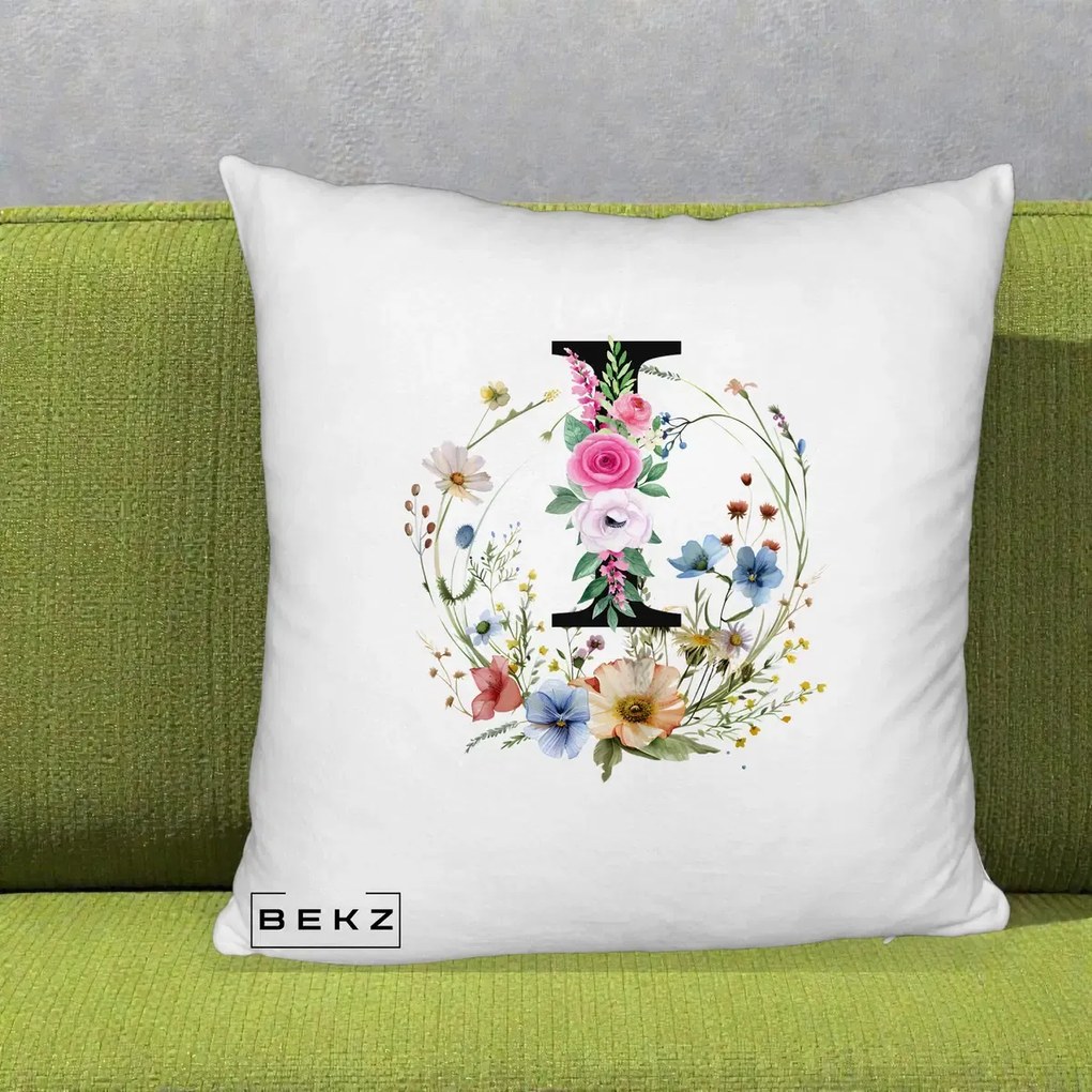 Cadou Personalizat - Perna Personalizata Monogram Litera I cu Flori Acuarela, 40x40 cm, Alb Pufos, Husa Detasabila, Perna Inclusa, BEKZ®