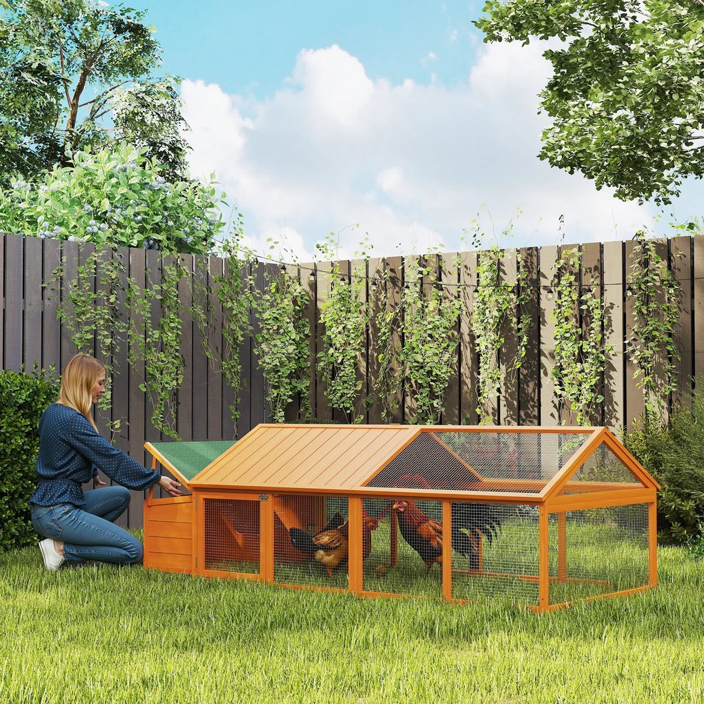 PawHut Coteț pentru Găini de Exterior cu Acoperiș Rabatabil și Ușă Largă Pentru 4-8 Găini, 240x112,5x76 cm, Portocaliu | Aosom Romania