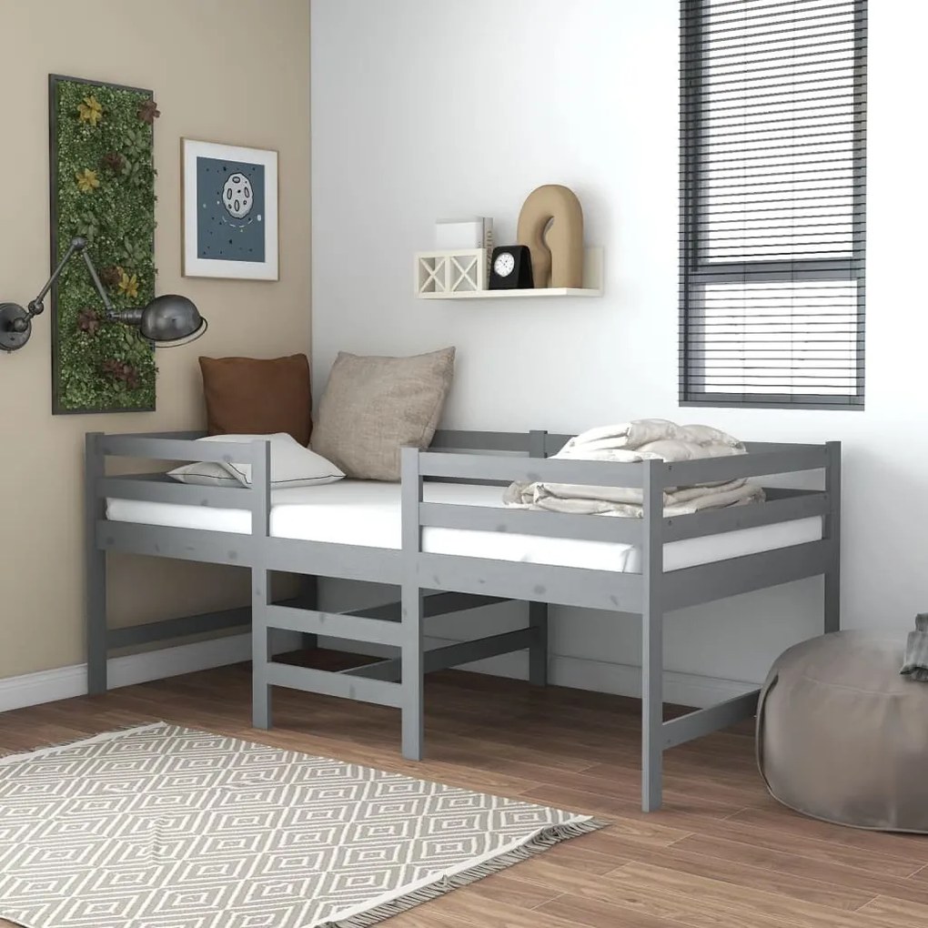 3083716 vidaXL Pat înălțime medie cu saltea, gri, 90x200 cm, lemn masiv pin