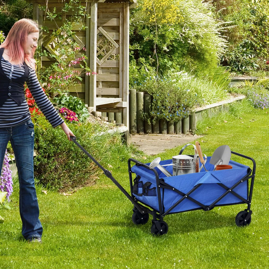 Outsunny Trolley de 62L pentru Festivaluri pe Roți, Cărucior de Grădină Pliabil, Wagon Compact cu Capacitate 120kg, Mâner Reglabil și Geantă pentru Plajă, Camping, Festivaluri, Albastru | Aosom Romania