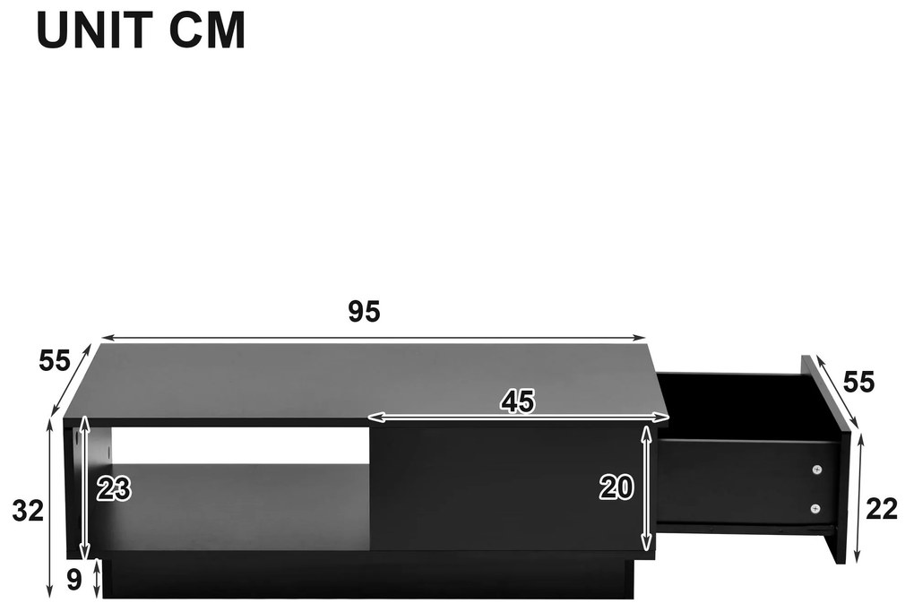 Măsuță de cafea modernă din lac lăcuit lucios cu lumină LED, 95×55×32 cm, Negru