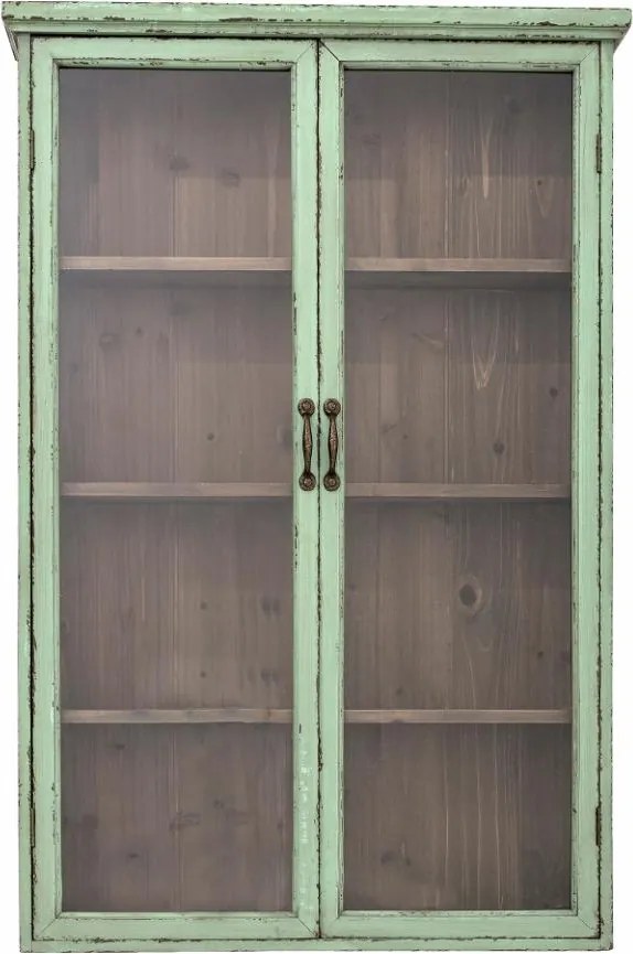 Vitrină de perete shabby chic din lemn masiv, verde, cu 2 uși vitrate, 3 rafturi și mânere curbate, finisaj antichizat, 122 x 81 x 18 cm, „Hazem”