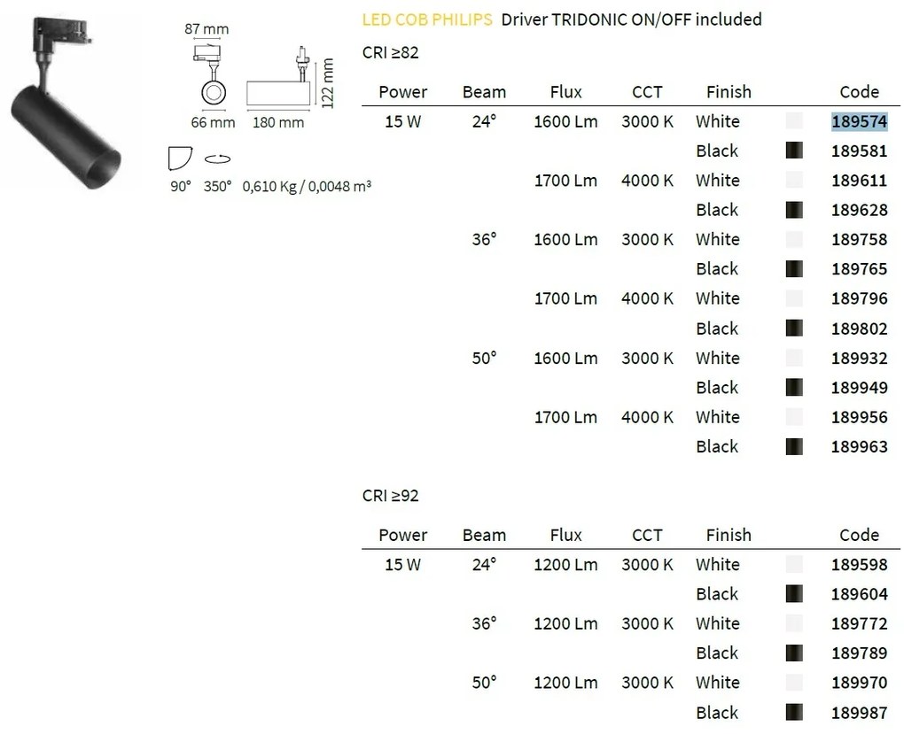 Spot LED pe sina directionabil SMILE mini 15W 4000K CRI80 50° negru 189963
