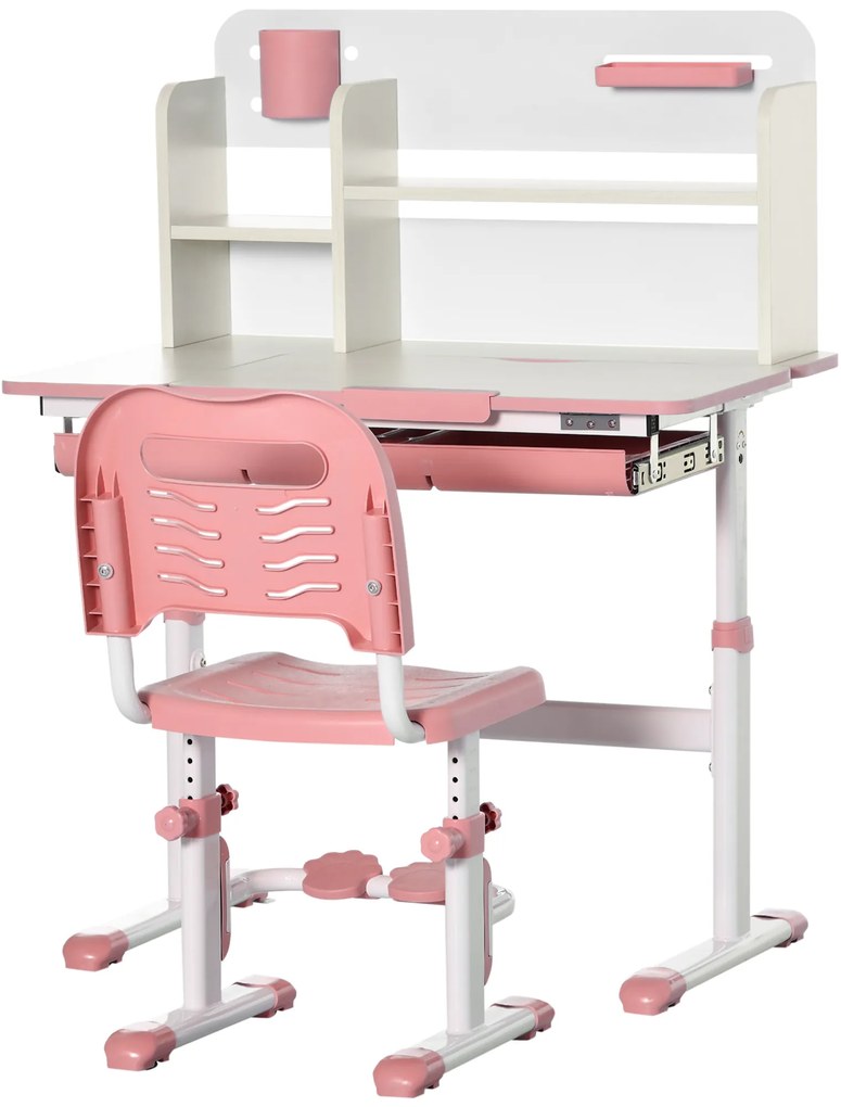 HOMCOM Birou și Scaun pentru Copii cu Vârsta de +3 Ani cu Înălțime Reglabilă și Masă Înclinabilă 80x52x88-109 cm și 35,5x44,5x66-80 cm Roz | Aosom Romania