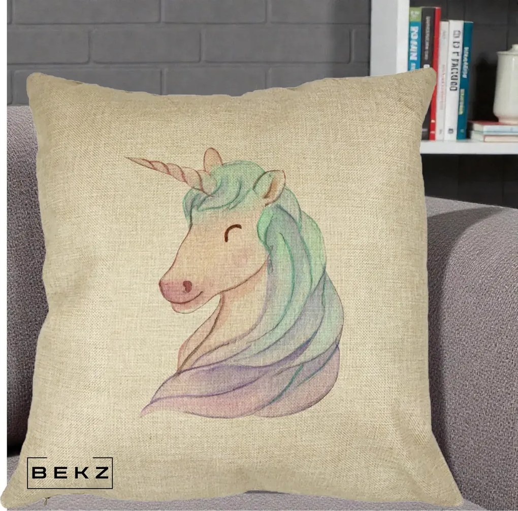 Perna Decorativa Unicorn Acuarela Pastel, 40x40 cm, Crem, Husa Detasabila, Perna Inclusa, BEKZ®