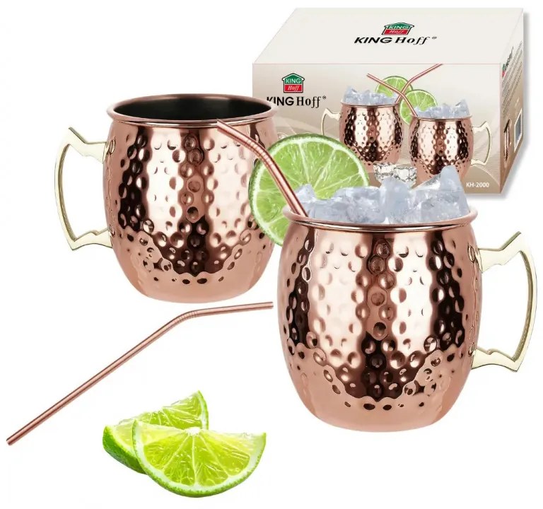 Set de pahare pentru Moscow Mule Kinghoff KH 2000, 2 buc, 500ml, 2 paie, oțel inoxidabil, cupru