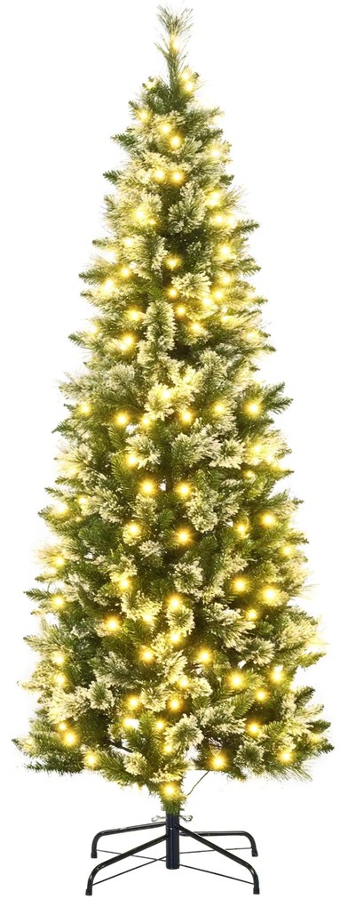Brad de Craciun 180cm Artificial cu 240 Lumini LED si 618 Ramuri, Brad Acoperit cu Zapada Inalt si Ingust cu Postament din Otel HOMCOM | Aosom RO