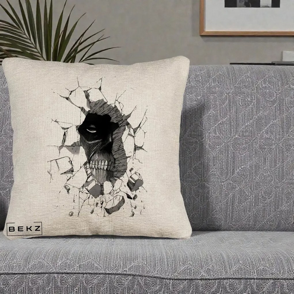 Perna Personalizata Attack on Titan Titan Crapand Zidul, 40x40 cm, Bej Canapea, Husa Detasabila, Perna Inclusa, BEKZ®