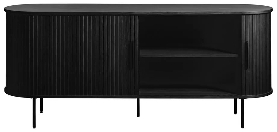 Comodă neagră joasă cu aspect de lemn de stejar cu ușă glisantă 76x180 cm Nola – Unique Furniture