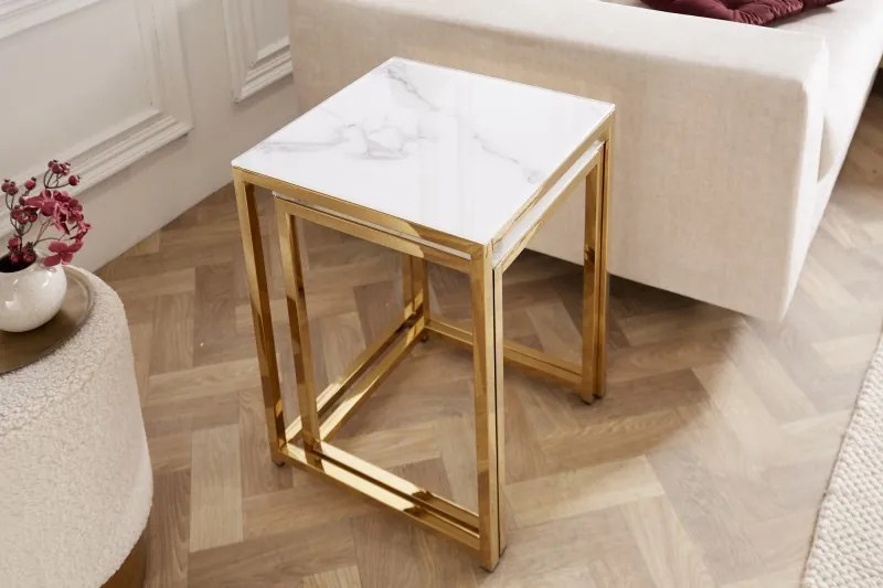 Neînvins Măsuță laterală Elegance set de 2 într-un cadru alb, auriu, cu aspect de marmură