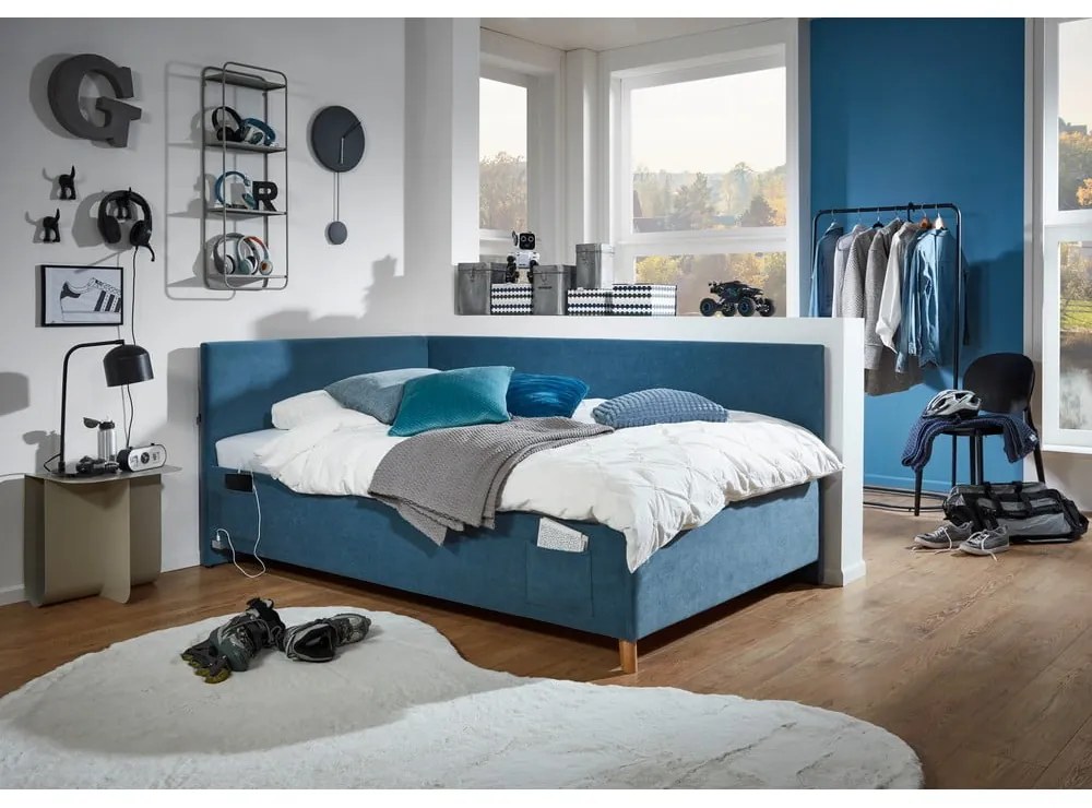Pat pentru copii albastru pe colț tapițat cu spațiu de depozitare cu somieră 140x200 cm Cool – Meise Möbel