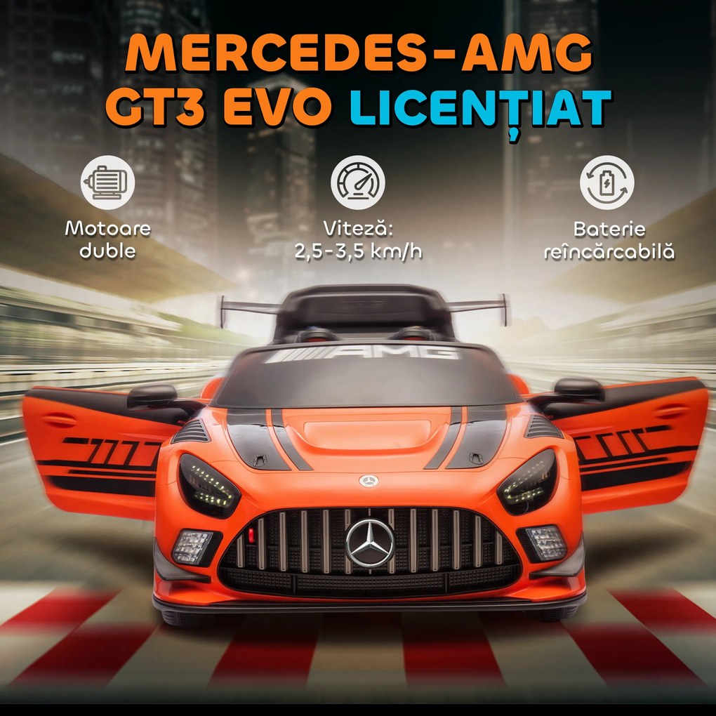 AIYAPLAY Mașină Electrică Copii 3-8 Ani Mercedes-AMG 12V cu Telecomandă, Lumini LED, Roți de Transport, Portocaliu | Aosom Romania