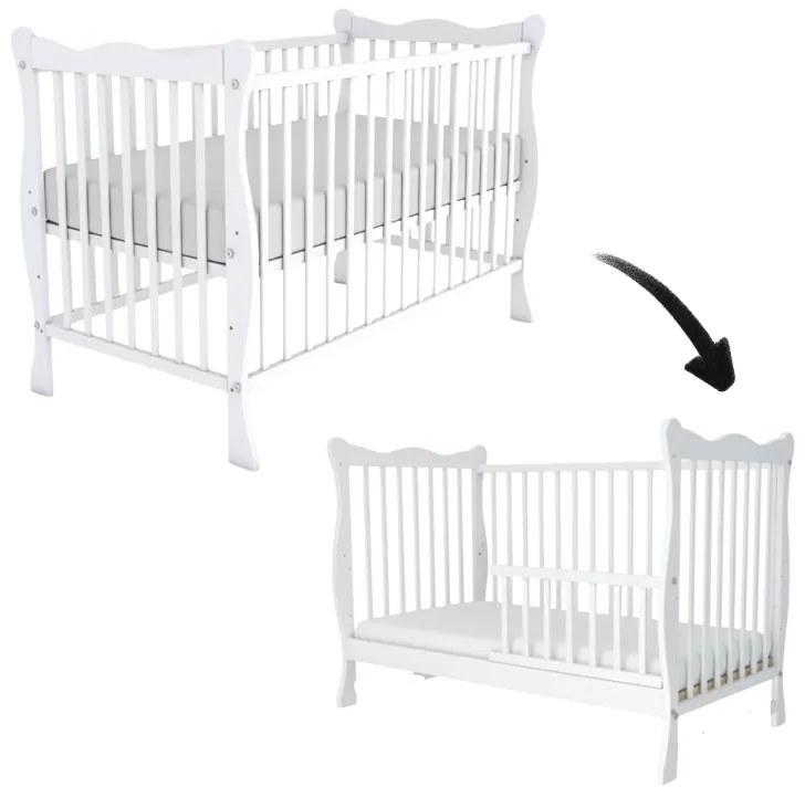 Patut din lemn masiv cu bariera 120x60 cm Kidizi Isla alb,reglabil pe 3 nivele, certificat EN71