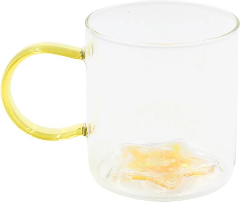 Cană cu model 3D steluță galbenă, pereți dubli, sticlă borosilicată și inserție de sclipici, 300 ml, Aurora Glow