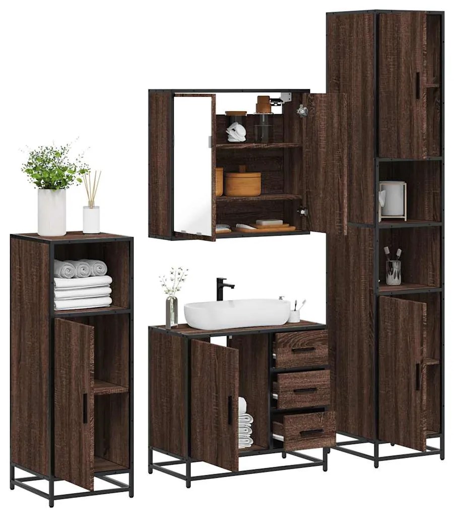 vidaXL Set de mobilier de baie din 4 piese din lemn de stejar maro