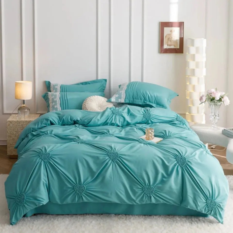 Lenjerie de pat uni cu pliuri si broderie, bumbac tip finet, 6 piese, pat 2 persoane, turquoise, FNJS-56