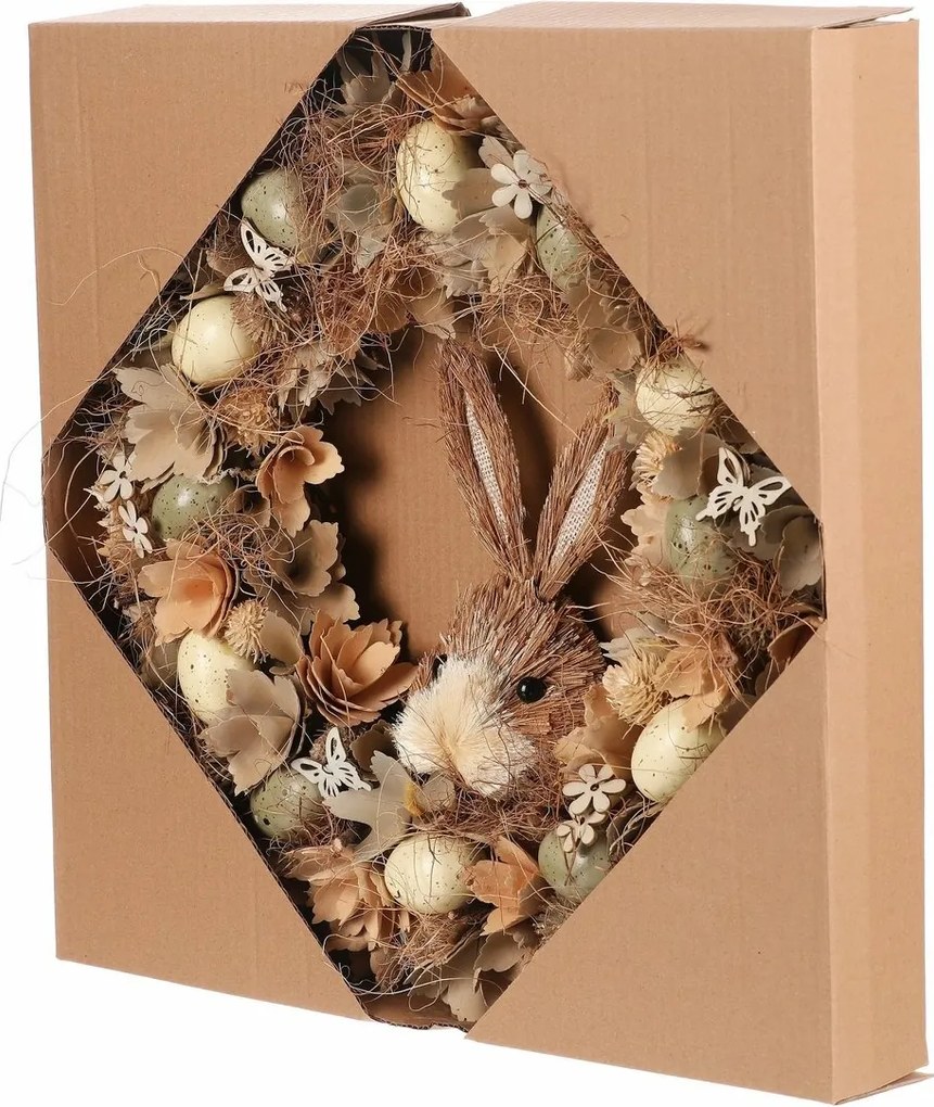 Coroană de Paște Iepure maro cu flori și ouă,diametru 45 cm, 45 x 45 x 9 cm