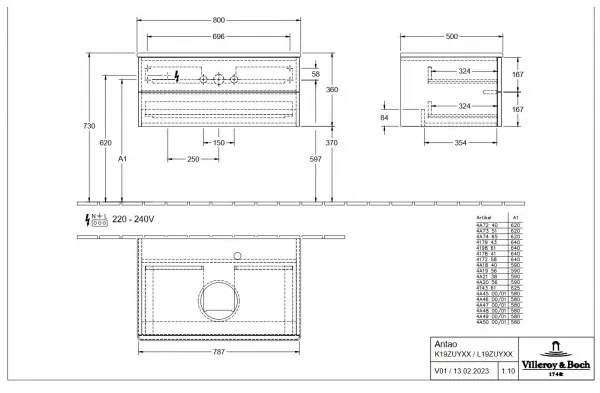 Dulap baza suspendat, Villeroy&amp;Boch Antao, 80x36x50cm, alb lucios, blat stejar, K19111GF