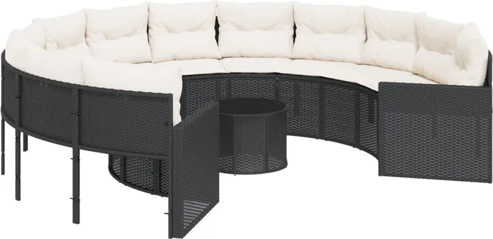 vidaXL Canapea de grădină cu masă/perne, rotundă, negru, poliratan