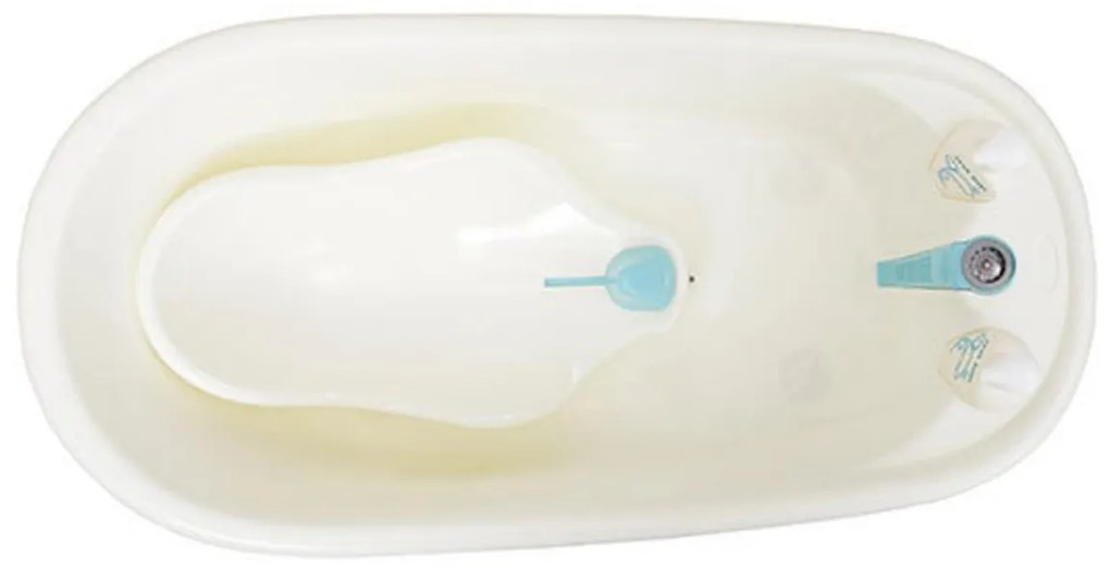 Cadita ergonomica pentru bebelusi si copii NOVOKIDS™ Baby Bubbles , Cu dispensor sapun si sampon incluse, Dimensiuni 95x48x88 cm, Alb cu Albastru