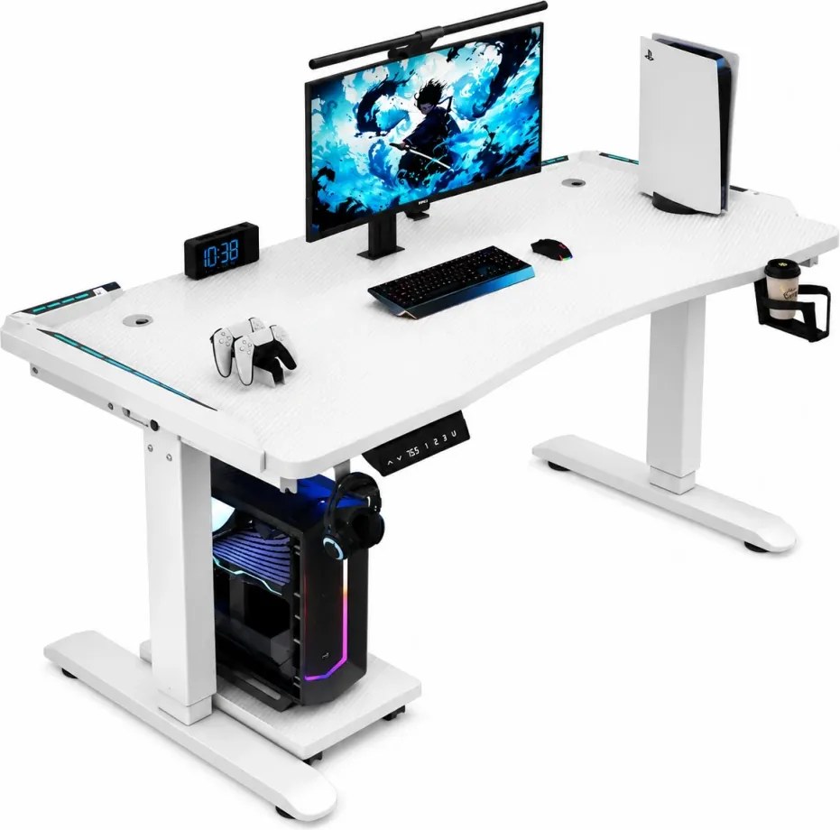 KRYON GT15 – Birou Gaming Electric, 2 Motoare, Reglare 67–112 cm, RGB, Încărcare Wireless, Memorie 3 Poziții, Blat Carbon, 120 kg, 140x60 cm, Alb