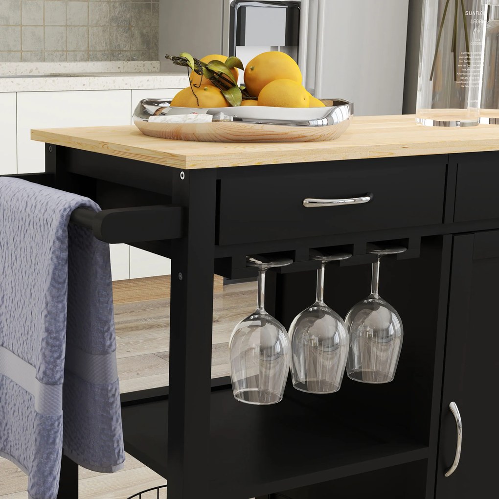 HOMCOM Cărucior de Bucătărie cu Sertare, Roți și Dulap cu 2 Uși 89x40x84 cm Negru | Aosom Romania