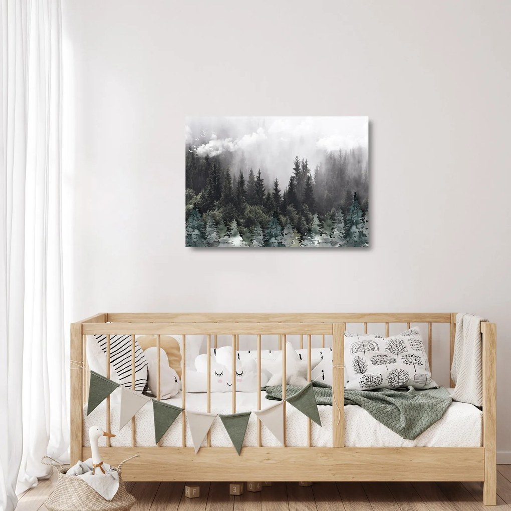 Tablou pe sticlă - Pădure cu elemente ilustrate (70x50 cm)