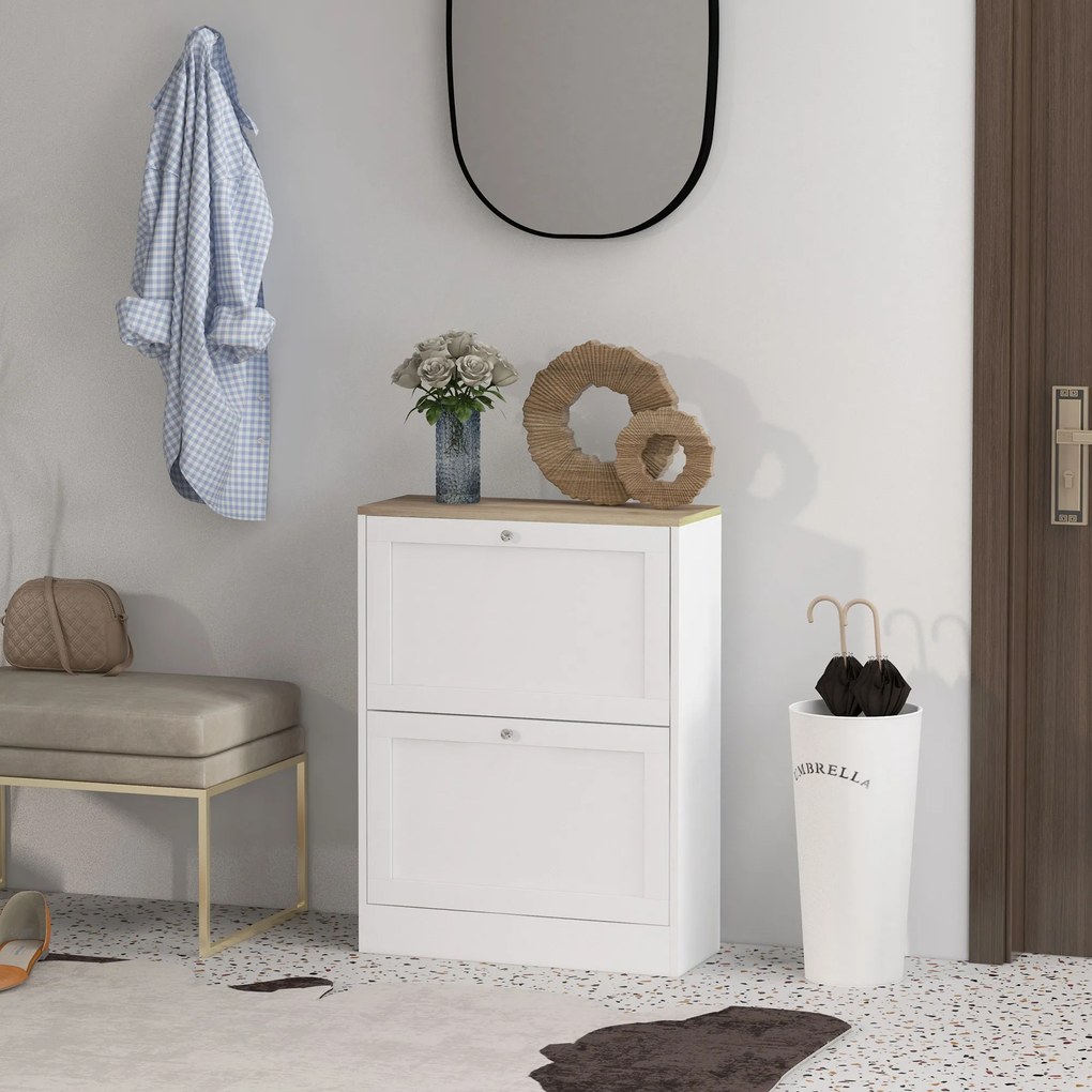 HOMCOM Pantofar Slim cu 2 Uși Rabatabile, Rafturi Reglabile și Detașabile, pentru 8-12 Perechi, 60x23,5x80 cm, Alb | Aosom Romania