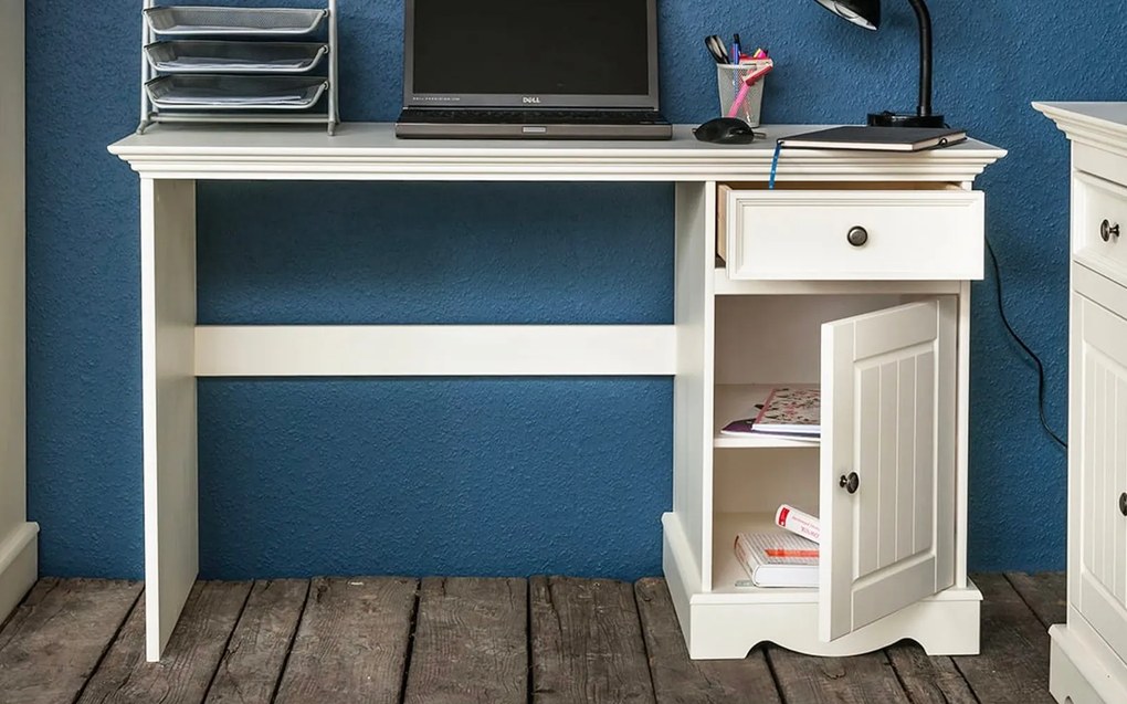 Birou lemn masiv alb Linea, 130 × 53 × 77 cm