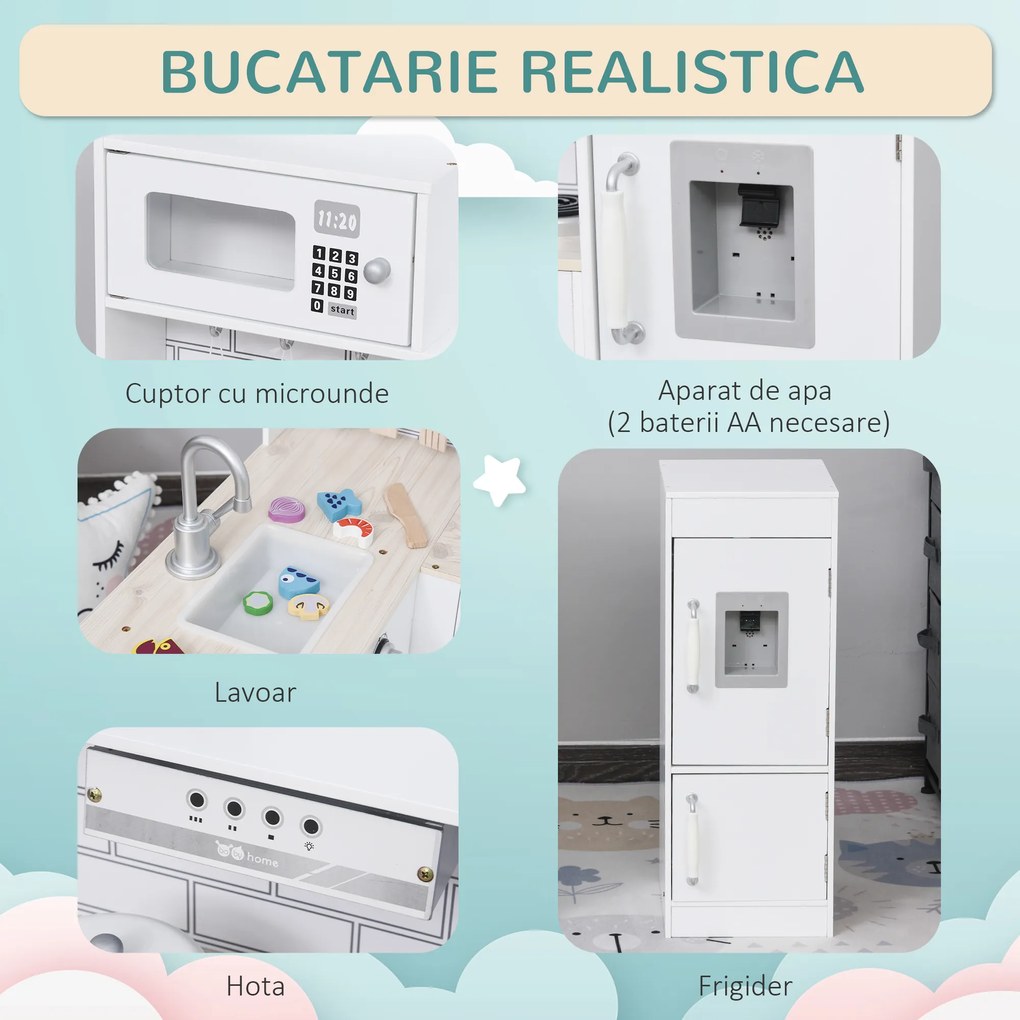 Bucatarie Jucarie HOMCOM din lemn cu 14 Accesorii, Varsta 3+ Ani, 86x64x84.5cm, Alb si Argintiu | Aosom Romania