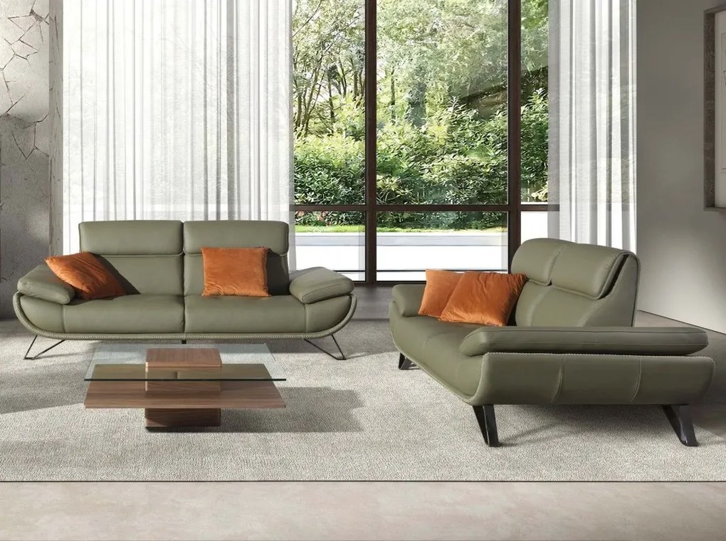 Canapea 2 locuri, tapitata cu piele naturala, spatar rabatabil Verde masliniu