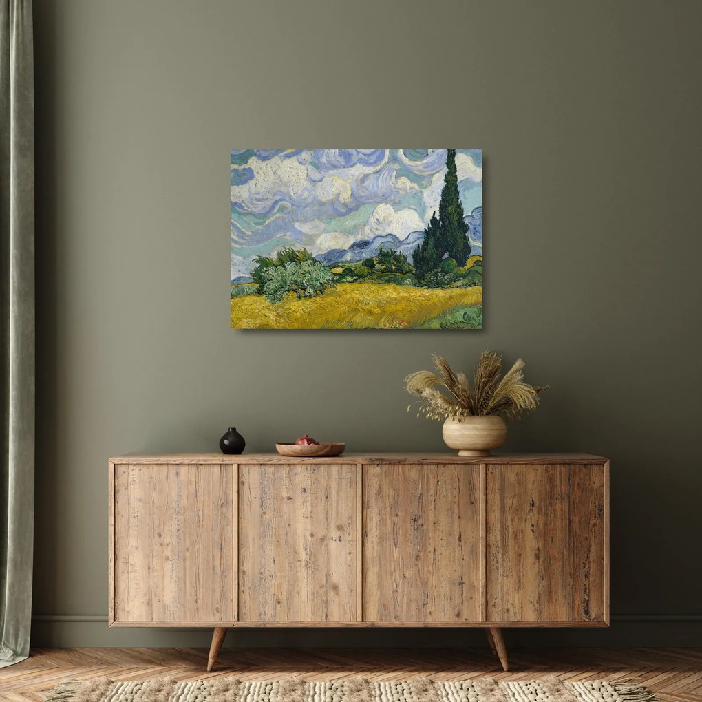 Tablou pe sticlă - Vincent van Gogh, Wheat Field with Cypresses, reproducere (70x50 cm)