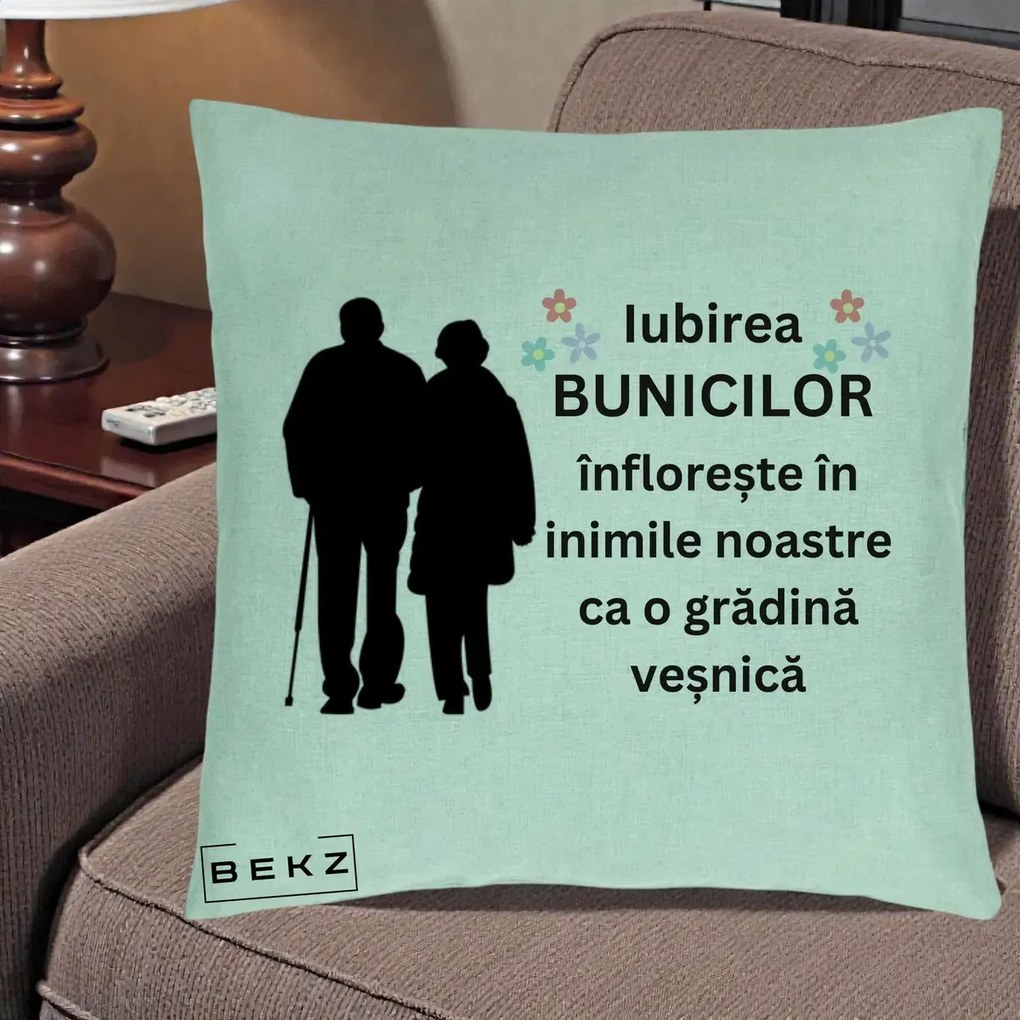 Cadou pentru Bunici - Perna Personalizata Bunicii Iubirea Infloreste Silueta Neagra Flori, 40x40 cm, Verde Menta, Husa Detasabila, Perna Inclusa, BEKZ®