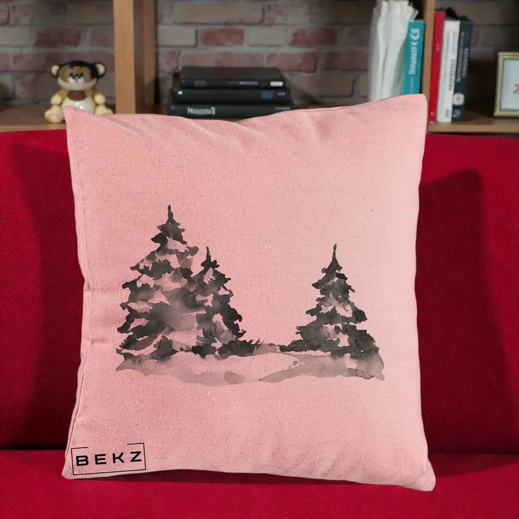 Perna Decorativa Brazi Inzapeziti Acuarela, 40x40 cm, Roz, Husa Detasabila, Perna Inclusa, BEKZ®
