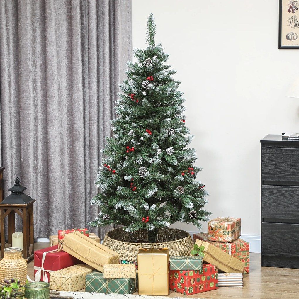 HOMCOM Brad de Crăciun Înnzăpezit Înalt de 150 cm cu 398 Ramuri, Brad Artificial de Interior cu Conuri și Boabe Roșii Decorative, Bază Metalică, Verde | Aosom Romania