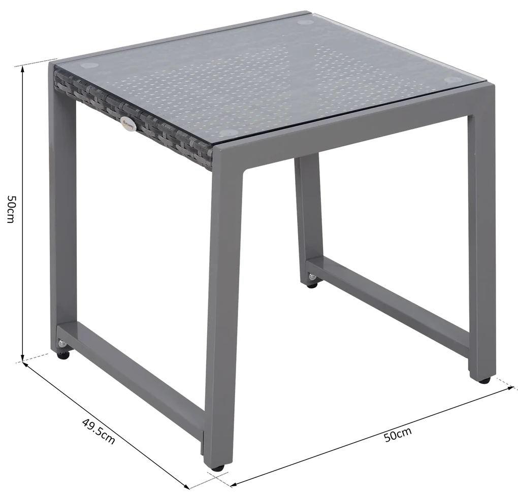 Outsunny Masă de Cafea pentru Terasă și Grădină cu Cadru din Aluminiu și Ratan PE, Suprafață Acoperită cu Sticlă, 50x50x50cm, Gri | Aosom Romania