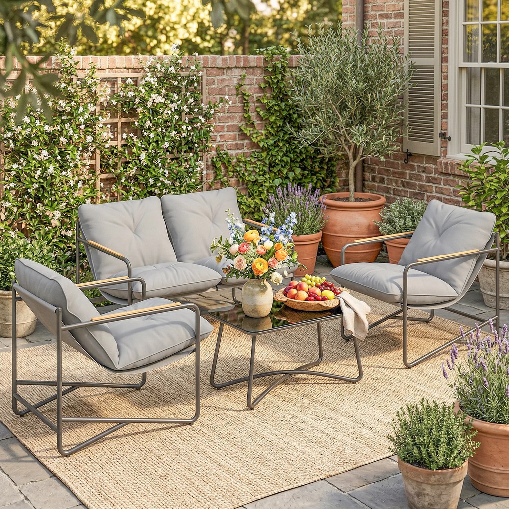 Set de Grădină Outsunny cu Canapea, 2 Fotolii și Măsuță cu Blat din Sticlă, Mobilier de Exterior cu Perne Groase, Gri Deschis | Aosom Romania