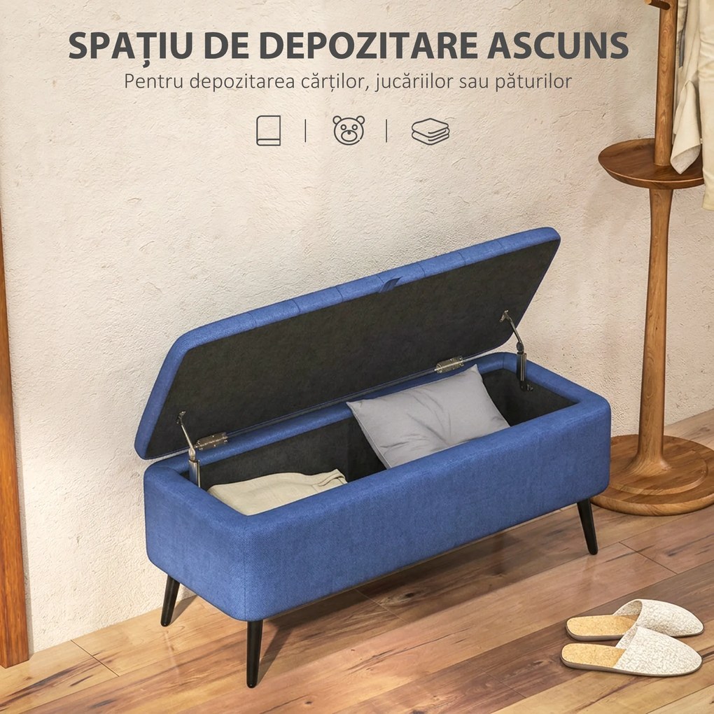 HOMCOM Bancă de depozitare 40", tapițată din material textil cu picioare din oțel pentru Living sau Dormitor, Albastru Închis | Aosom Romania