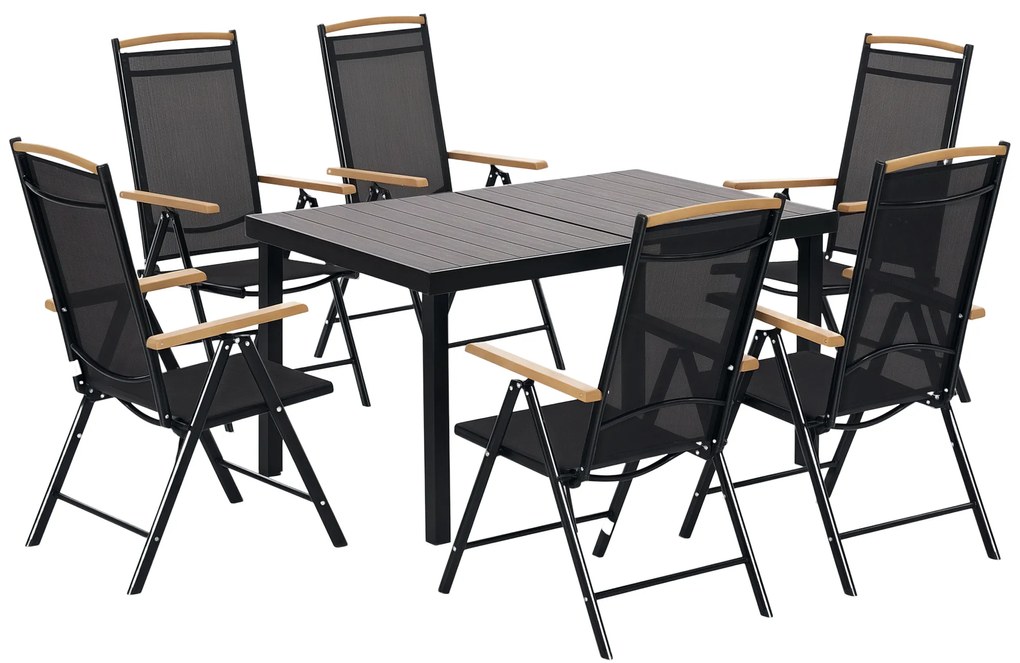 Outsunny Salon de grădină exterioară 6 persoane, cadru din aluminiu, masă 140 cm, 6 scaune pliabile și înclinabile, negru | Aosom Romania
