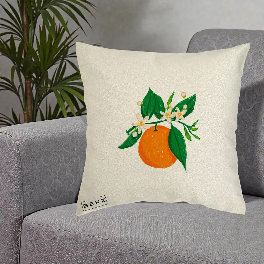 Perna Decorativa Portocala in Floare, 40x40 cm, Ecru, Husa Detasabila, Perna Inclusa, BEKZ®