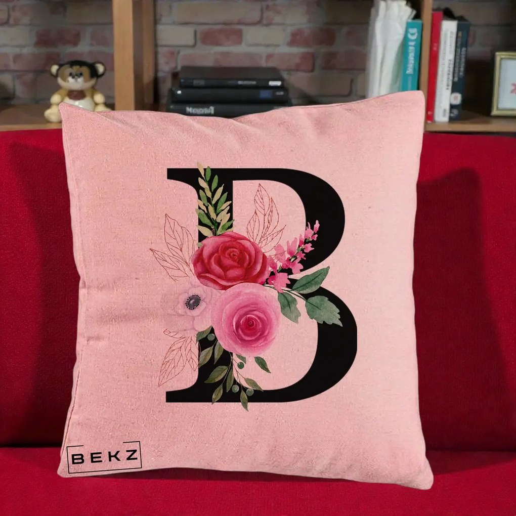 Cadou Personalizat - Perna Personalizata Monograma Florala Litera B, 40x40 cm, Roz, Husa Detasabila, Perna Inclusa, BEKZ®