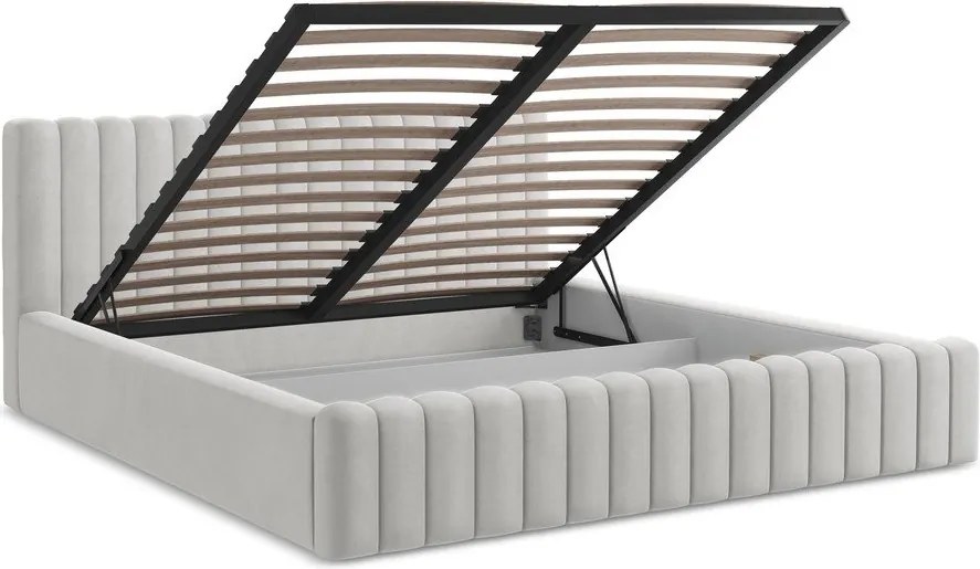 Pat matrimonial argintiu tapițat cu spațiu de depozitare cu somieră 160x200 cm Lemi – Makamii