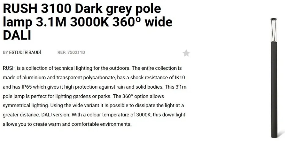 Stalp LED iluminat exterior simetric 360º wide IP65 RUSH 310cm 3000K DALI