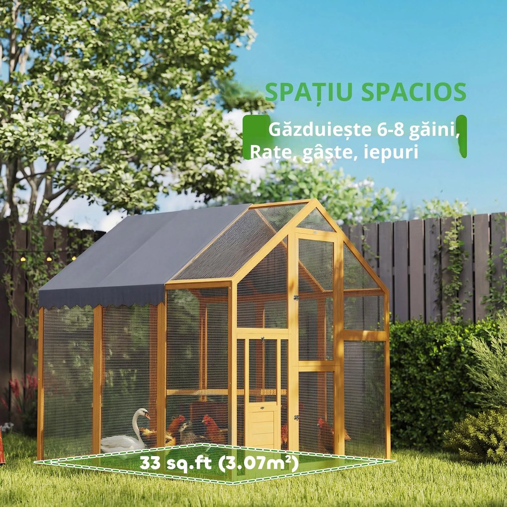 PawHut Coteț pentru găini 3,07 m² tarc exterior din lemn cu husă impermeabilă, încuietoare de siguranță, pentru 6-8 găini 1,7 x 1,8 x 1,8 m | Aosom Romania