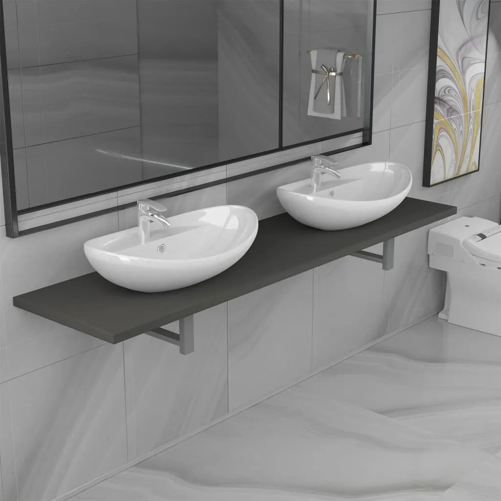 279392 vidaXL Set mobilier de baie din trei piese, gri, ceramică