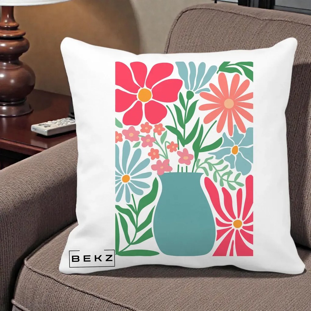 Perna Decorativa Flori in Vaza Turcoaz, 40x40 cm, Alba Mata, Husa Detasabila, Perna Inclusa, BEKZ®