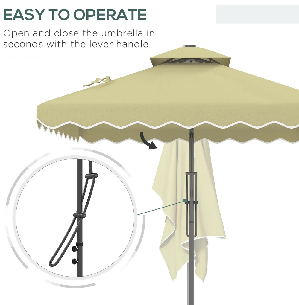 Outsunny Umbrelă Suspendată cu Copertină Dublă, Deschidere cu Manivelă, Bază în Cruce şi Falduri, 2.5x2.5 m, Bej | Aosom Romania