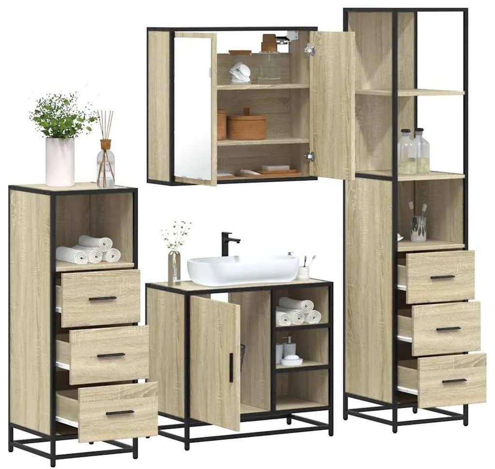 vidaXL Set de mobilier de baie din 4 piese din lemn de stejar Sonoma