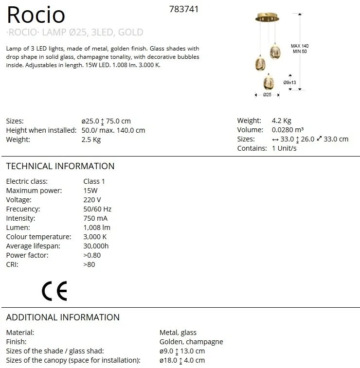 LUSTRA CU 3 PENDULE LED ROCIO, auriu SV-783741